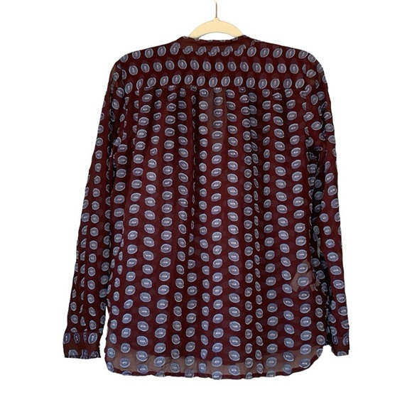 Loft sheer silk split‎ neck burgundy blue dot long sleeve blouse. Size M - Picture 2 of 11